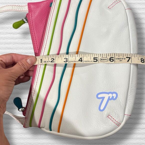 RFID Leather Crossbody Bag Retro Neon Stripe White Pink Green Adjustable Strap - Picture 3 of 13